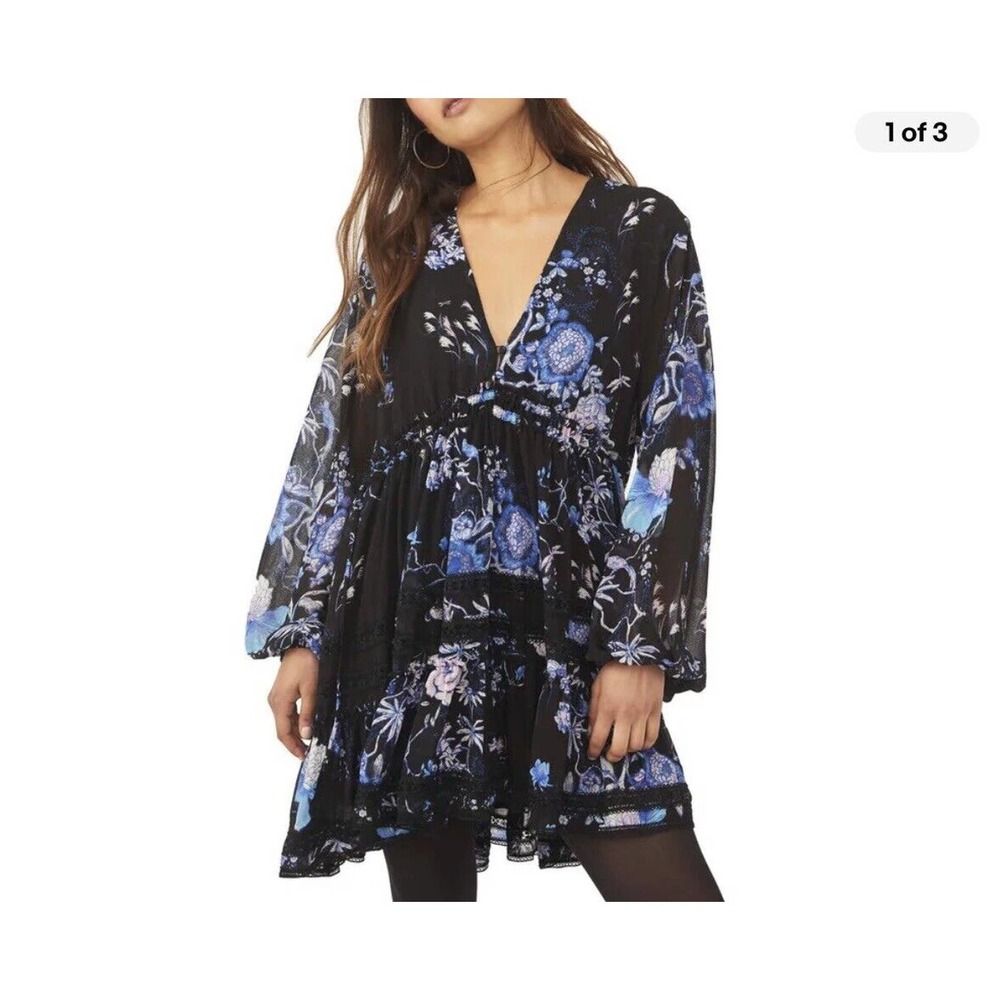 Free People Women Black Blue Short Tiered Lace Hem Dress XS Boho Fall Prairie
